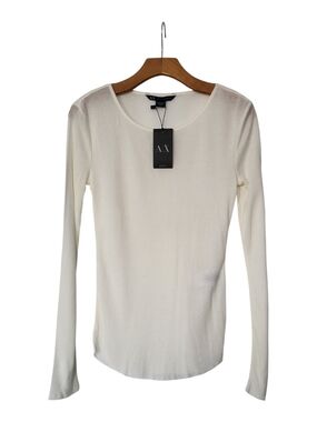 A|X Armani Exchange Long Sleeve Scoop Neck Top in Cream White